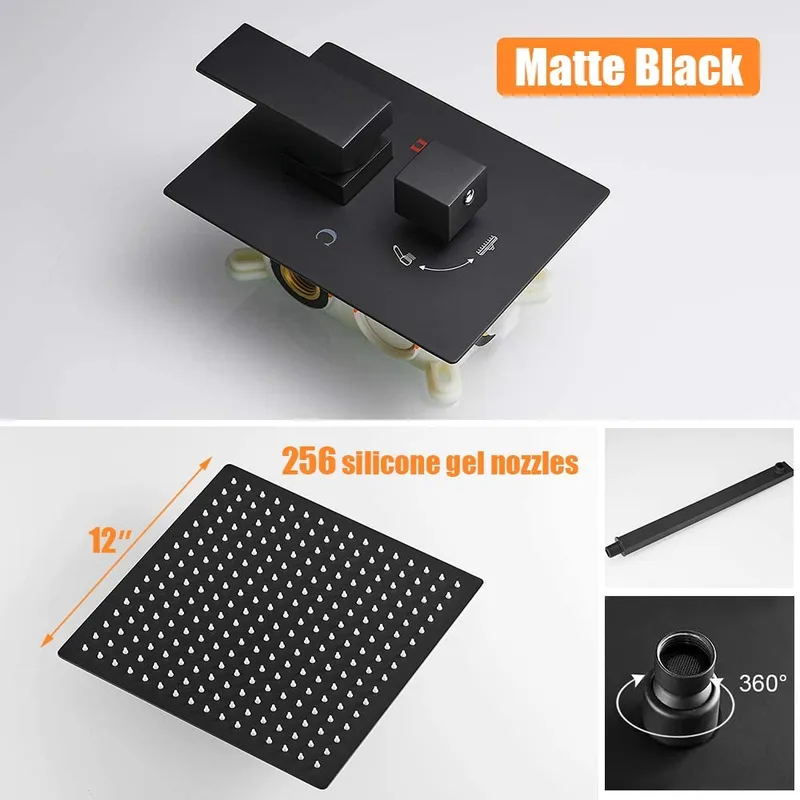 Matte Black Concealed Shower System with Square Rain Head and Hand Shower – photo 3