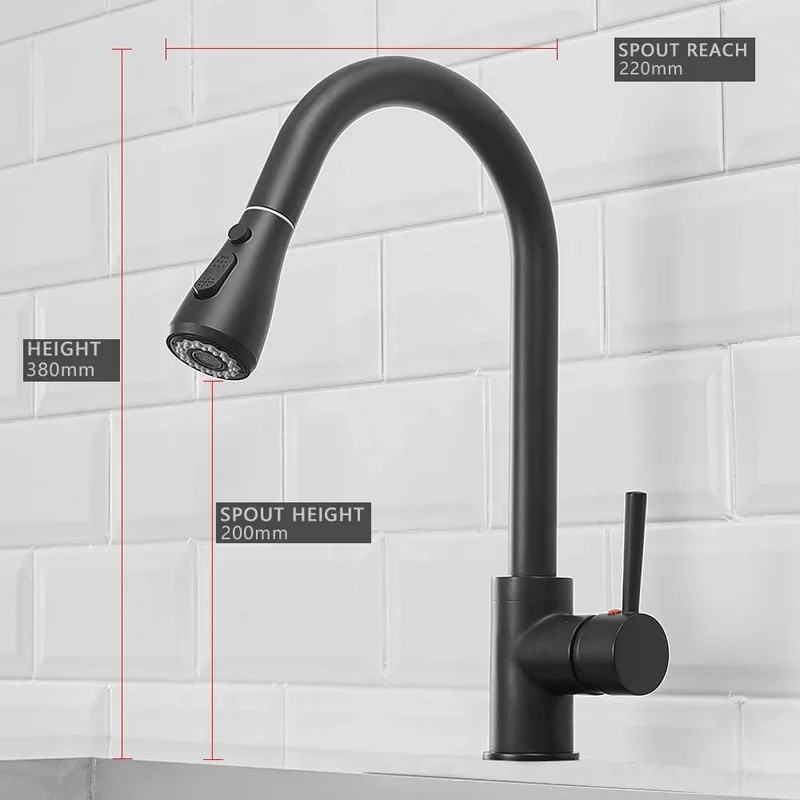 Matte Black Pull-Down Kitchen Faucet with Spray and Stream Modes – photo 2