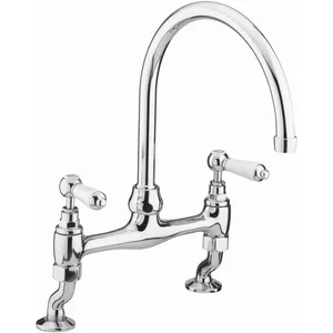 Brushed Bridge-Style Kitchen Mixer with White Lever Handles – photo 2