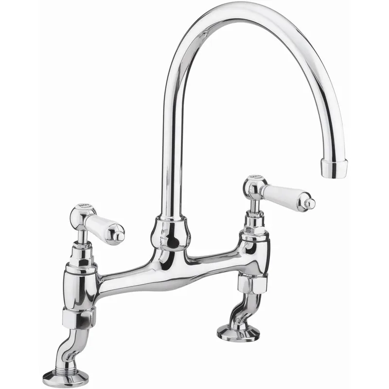 Brushed Bridge-Style Kitchen Mixer with White Lever Handles – photo 2