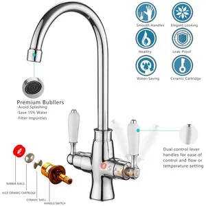 Chrome Swan-Neck Kitchen Mixer with Two White Lever Handles – photo 2