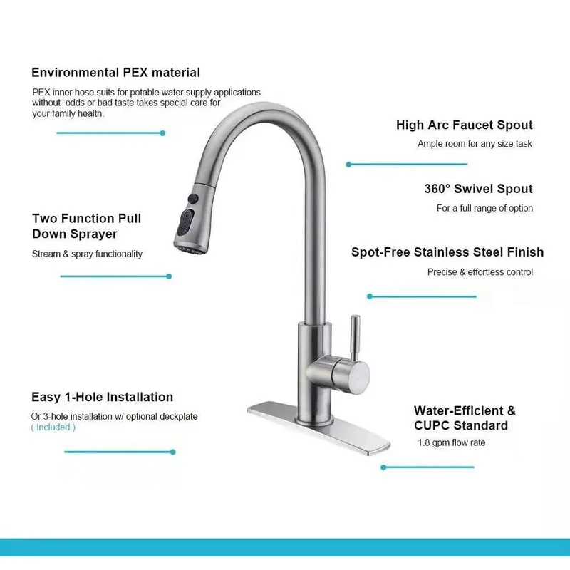 Brushed Pull-Down Kitchen Sink Faucet with 40 cm Extending Hose – photo 3