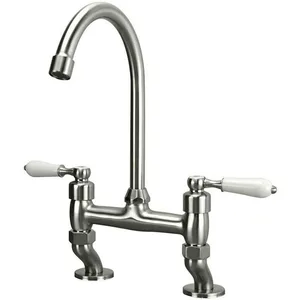 Brushed Bridge-Style Kitchen Mixer with White Lever Handles