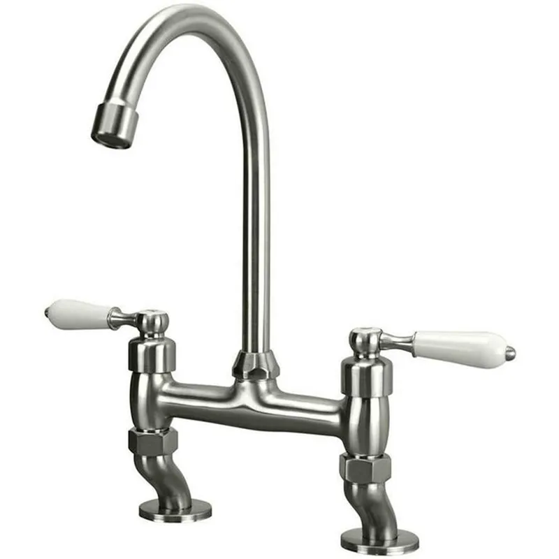 Brushed Bridge-Style Kitchen Mixer with White Lever Handles