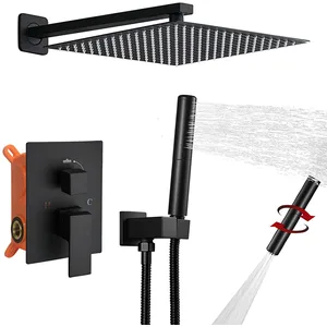 Matte Black Concealed Shower System with Square Rain Head and Hand Shower