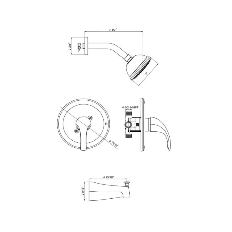 Brushed Tub and Shower Set with Round Head, Mixer Trim and Tub Spout – photo 3