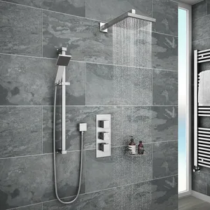 Chrome Concealed Shower Set with Square Rain Head, Slide Rail and Triple Valve