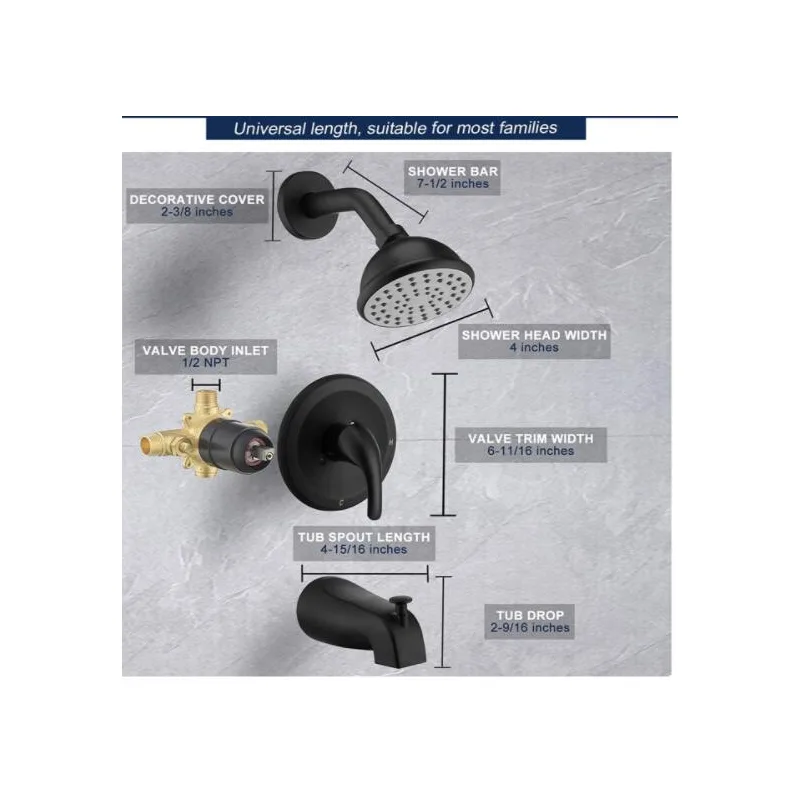 Matte Black Tub and Shower Trim Kit with Round Head and Tub Spout
