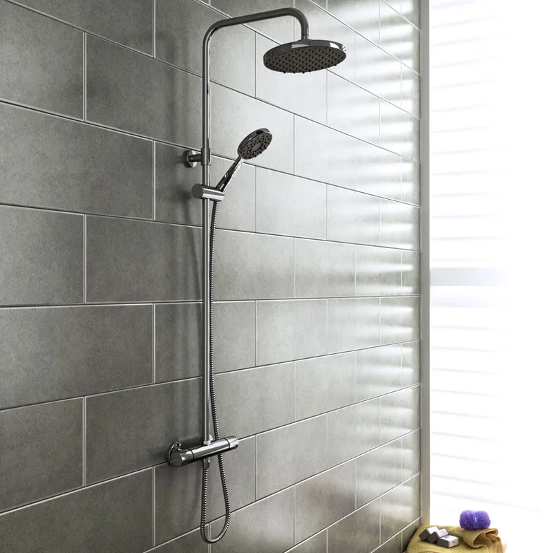Chrome Exposed Bar Shower Column with Round Rain Head and Hand Shower
