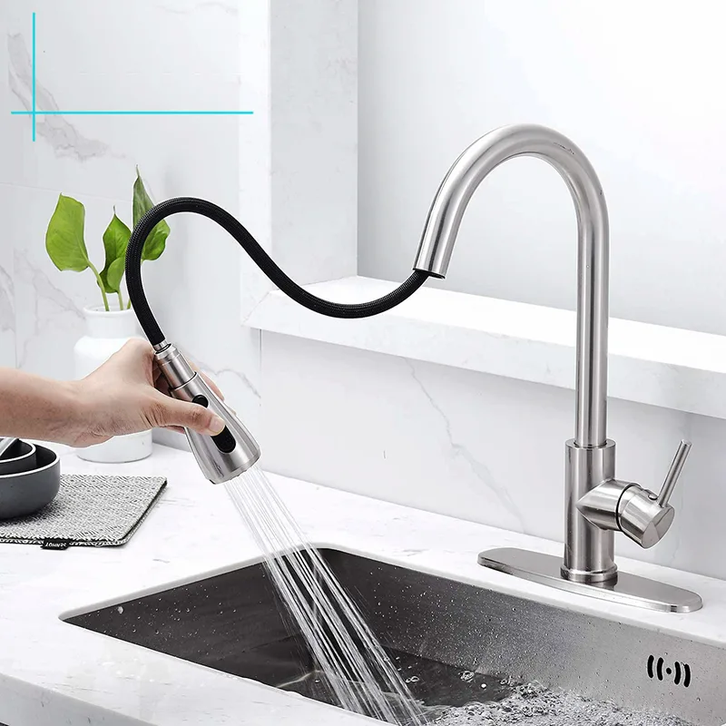 Brushed Pull-Down Kitchen Tap Sprayer with Black Hose