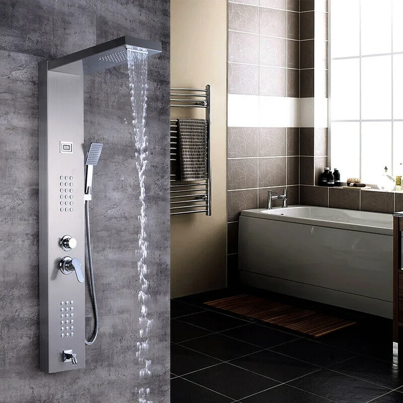 Brushed Shower Panel with Rain Head, Body Jets and Hand Shower