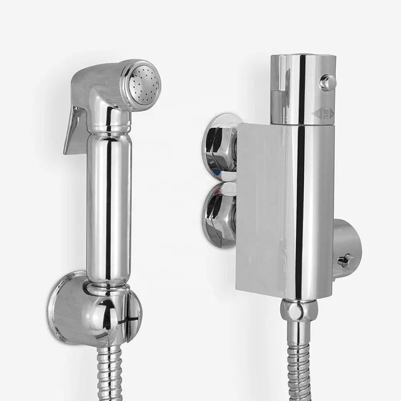 Chrome Bidet Shower (Shattaf) Kit with Square Wall Mixer Valve
