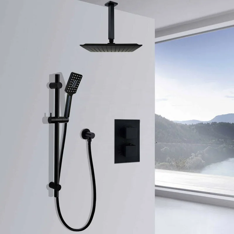Matte Black Concealed Shower with Ceiling-Mounted Rain Head and Slide Rail – photo 3
