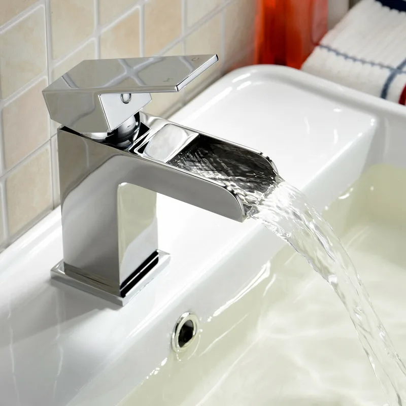 Chrome Square Waterfall Basin Mixer with Flat Lever