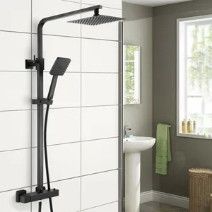 Matte Black Exposed Shower Column with Square Rain Head and Square Hand Shower