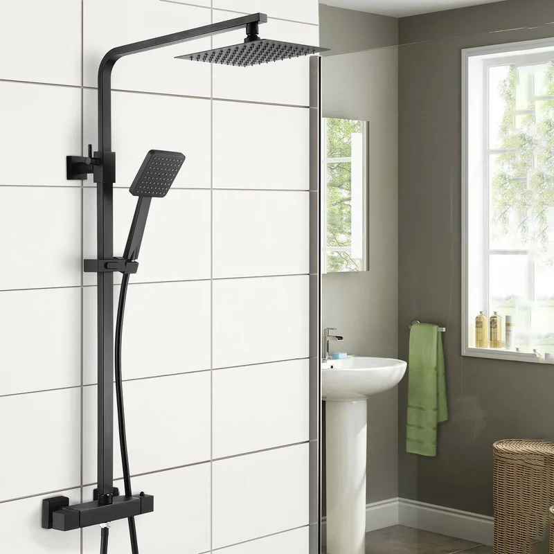 Matte Black Exposed Shower Column with Square Rain Head and Square Hand Shower