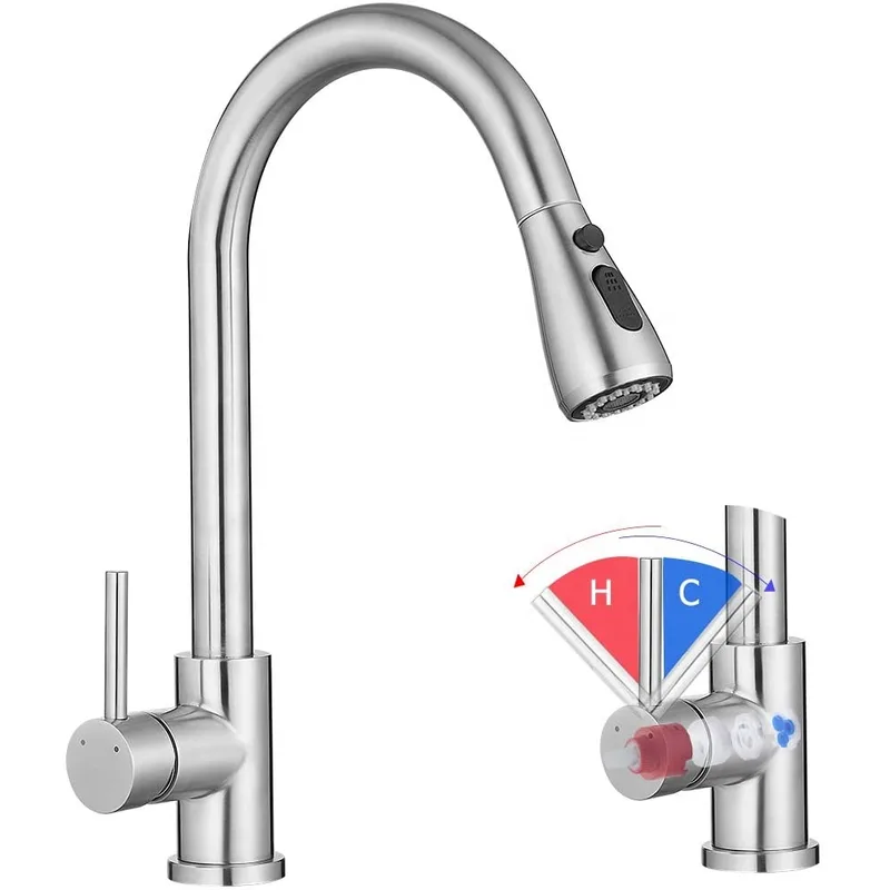 Brushed Gooseneck Pull-Down Kitchen Faucet with Black Hose – photo 4