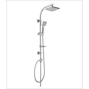 Chrome Shower Column with Square Rain Head, Hand Shower and Soap Dish – Angled Arm