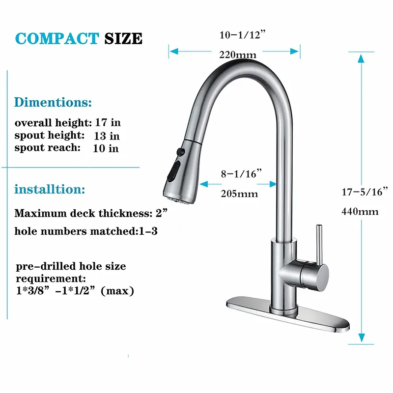 Brushed Pull-Down Kitchen Tap Sprayer with Black Hose – photo 4