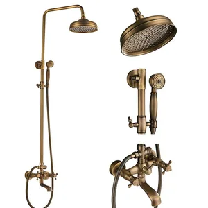 Antique Brass Exposed Shower System with Rain Head, Hand Shower and Bath Spout