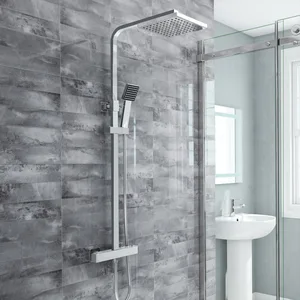 Chrome Exposed Bar Shower Column with Square Rain Head and Hand Shower