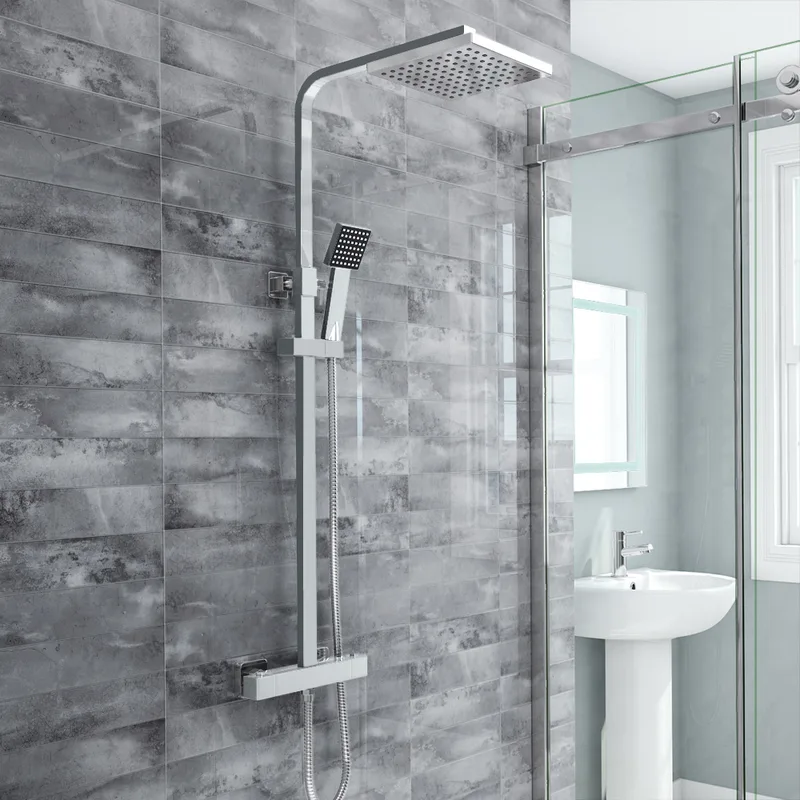 Chrome Exposed Bar Shower Column with Square Rain Head and Hand Shower