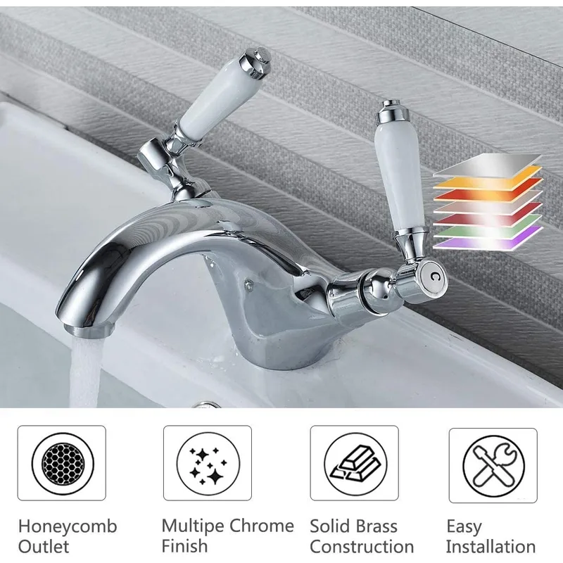 Traditional Chrome Mono Basin Mixer with White Lever Handles – photo 3