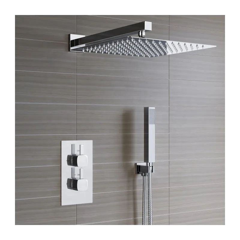 Chrome Concealed Shower with Square Rain Head, Hand Shower and Twin Valve