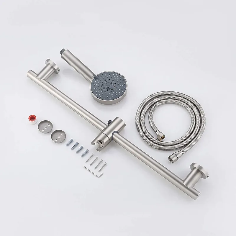 Brushed Stainless Steel Shower Slide Bar Kit with Hand Shower and Hose