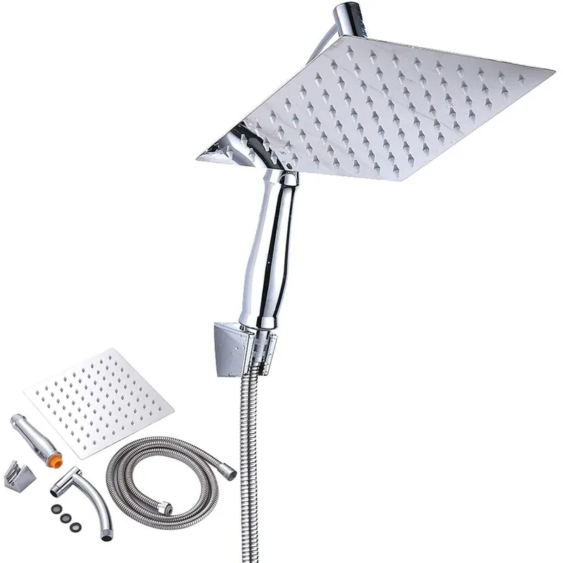 Square Rainfall Shower Head with Hand Shower on Wall Arm – photo 2