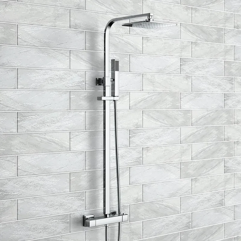 Chrome Exposed Bar Shower with Square Rain Head and Square Handset