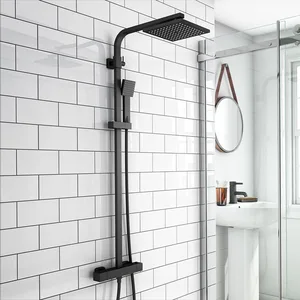 Matte Black Exposed Bar Shower Column with Square Rain Head and Hand Shower