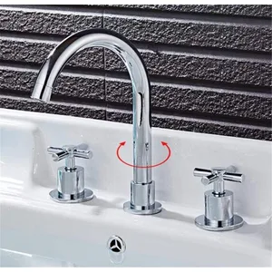 Chrome Three-Hole Basin Mixer with Cross Handles and Swivel Gooseneck Spout
