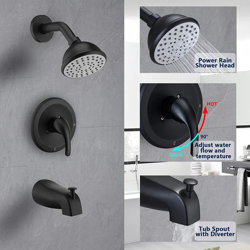 Matte Black Tub and Shower Trim Kit with Round Head and Tub Spout – photo 5