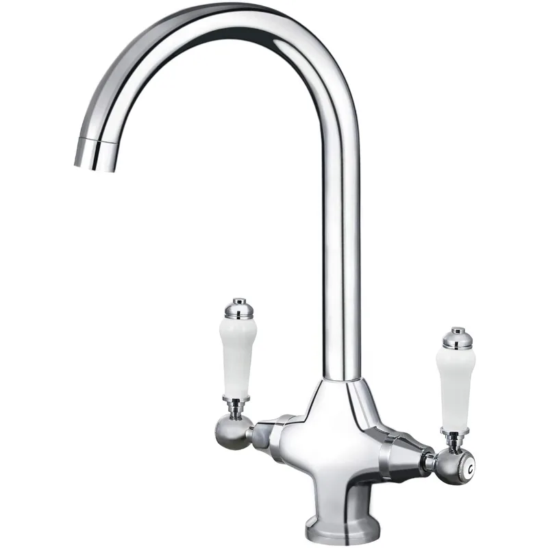 Traditional Chrome Swan-Neck Kitchen Mixer with White Lever Handles