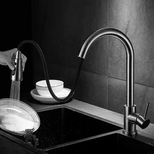Brushed Gooseneck Pull-Down Kitchen Faucet with Black Hose