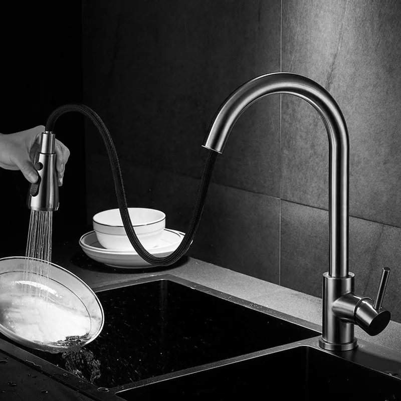 Brushed Gooseneck Pull-Down Kitchen Faucet with Black Hose