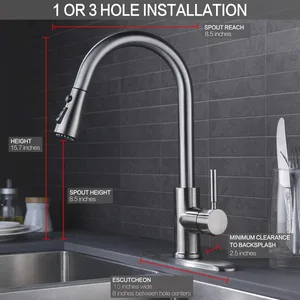Brushed Pull-Down Kitchen Faucet with Escutcheon, 1- or 3-Hole Installation