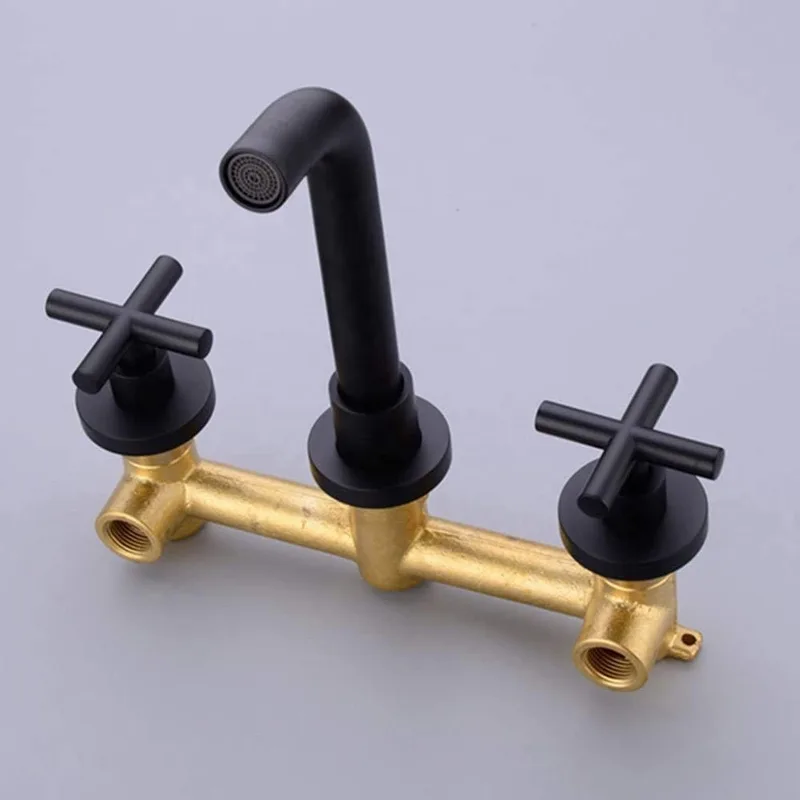 Matte Black Wall-Mounted Basin Mixer with Cross Handles – photo 3