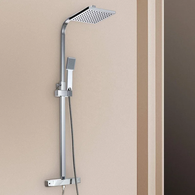 Chrome Square Exposed Bar Shower Column with Rain Head and Hand Shower