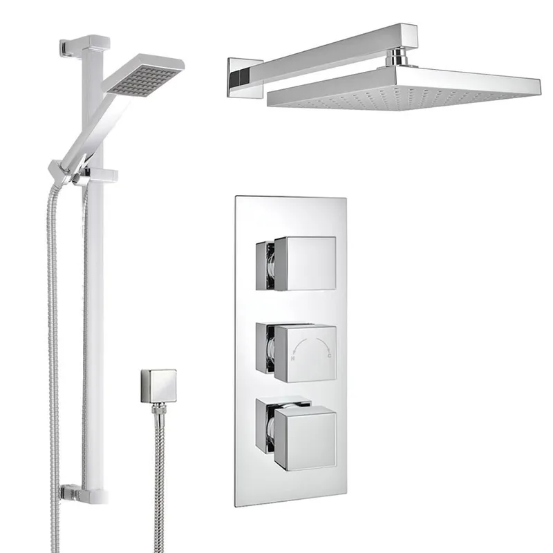 Chrome Concealed Shower Set with Square Rain Head, Slide Rail and Triple Valve – photo 2