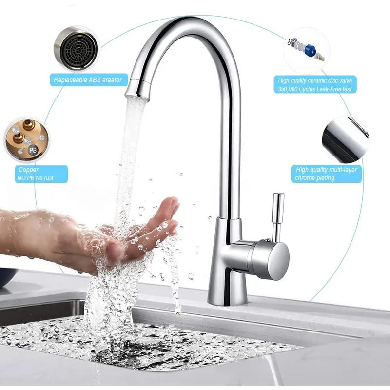 Chrome Gooseneck Single-Lever Kitchen Faucet with Ceramic Disc Valve