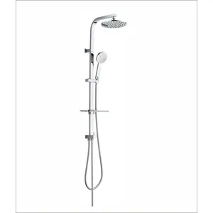 Chrome Shower Column with Round Rain Head, Hand Shower and Soap Dish – Curved Arm