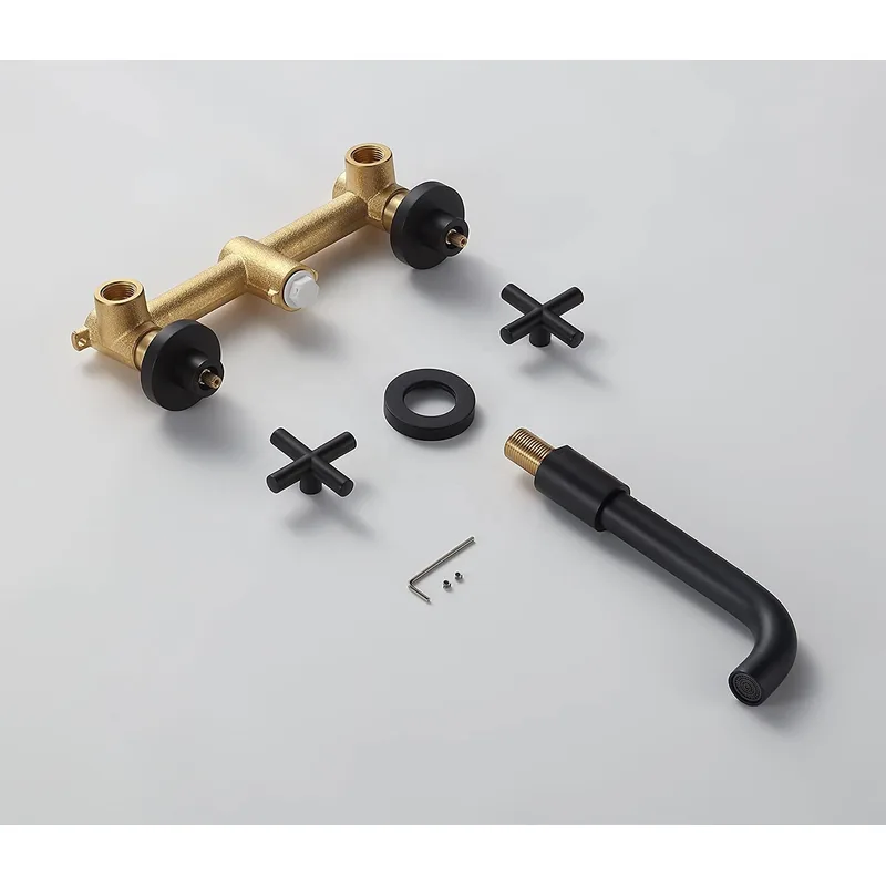 Matte Black Wall-Mounted Basin Mixer with Cross Handles and Concealed Valve