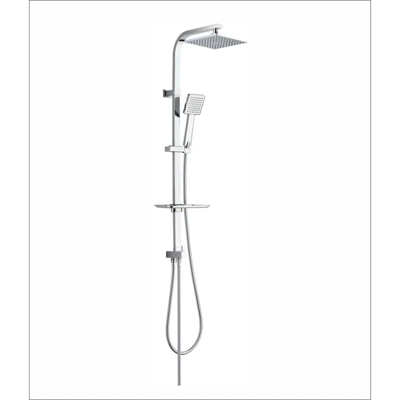 Chrome Shower Column with Square Rain Head, Square Hand Shower and Shelf