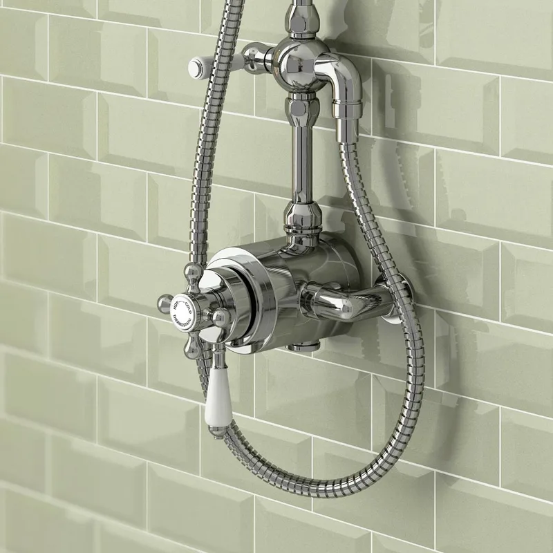 Traditional Chrome Rigid Riser Shower with Rain Head, Handset and Exposed Valve – photo 2