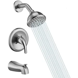 Brushed Tub and Shower Set with Round Head, Mixer Trim and Tub Spout