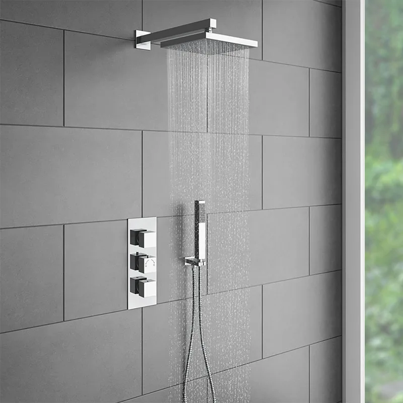 Chrome Concealed Shower Set with Wall-Mounted Rain Head, Hand Shower and Triple-Control Valve