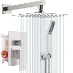 Brushed Concealed Shower System with Square Rain Head and Hand Shower