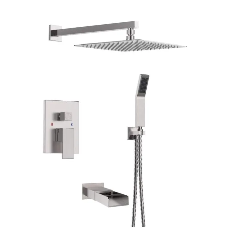 Brushed Concealed Shower System with Square Rain Head, Hand Shower and Bath Spout
